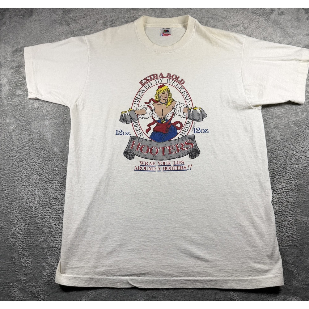 Vintage 90s Hooters Extra Bold Beer Graphic T-Shirt Mens XL Cream Made in USA
